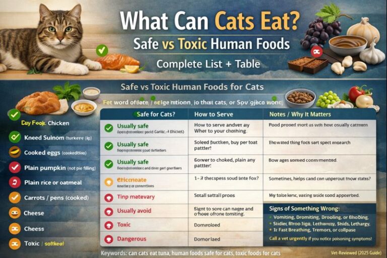 What Can Cats Eat? Safe vs Toxic Human Foods (Complete List + Table)