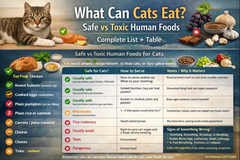 What Can Cats Eat? Safe vs Toxic Human Foods (Complete List + Table)