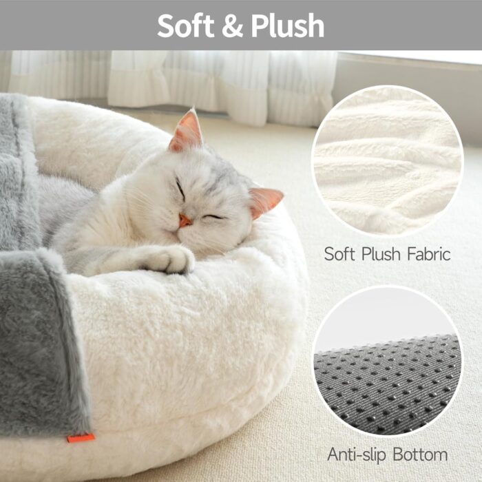MEWOOFUN Enclosed Cat Bed Cave - Washable Pet Bed With Blanket & Non-Slip Base For Cats & Small Dogs 22'' X 22'', White