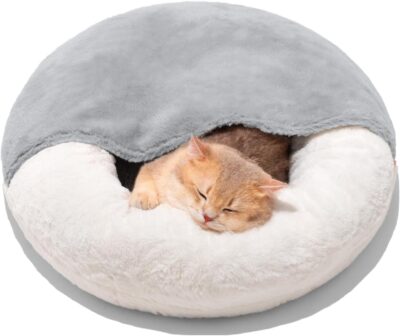 f2c19bdc-f073-47e6-9434-c3e050feb92d.jpg MEWOOFUN Enclosed Cat Bed Cave - Washable Pet Bed With Blanket & Non-Slip Base For Cats & Small Dogs 22'' X 22'', White