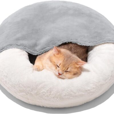 MEWOOFUN Enclosed Cat Bed Cave - Washable Pet Bed With Blanket & Non-Slip Base For Cats & Small Dogs 22'' X 22'', White